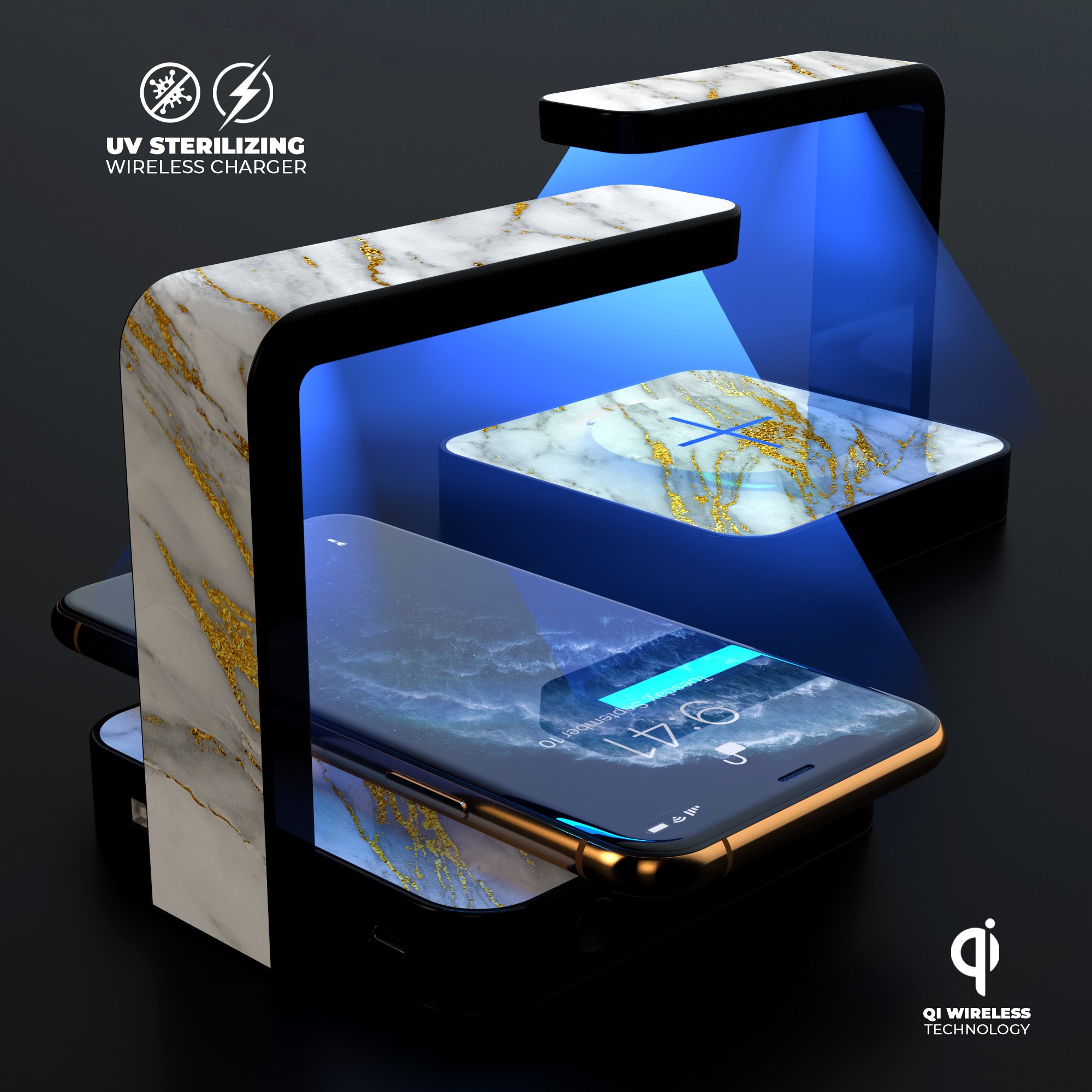 Marble & Digital Gold Foil V4 UV Germicidal Sanitizing Sterilizing charger with wireless charging feature and decorative skin-kit.